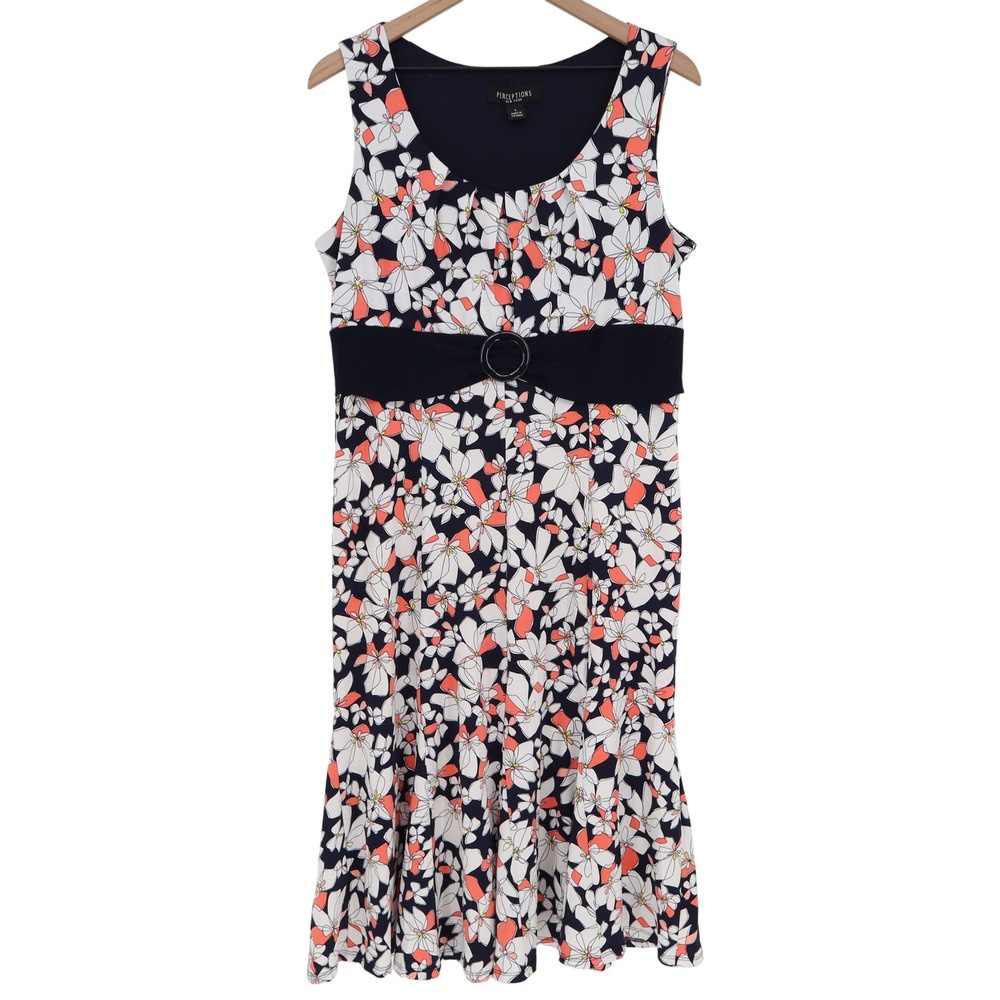 Perceptions Dress Womens Large Midi Fit & Flare Navy Blue Floral Buckle